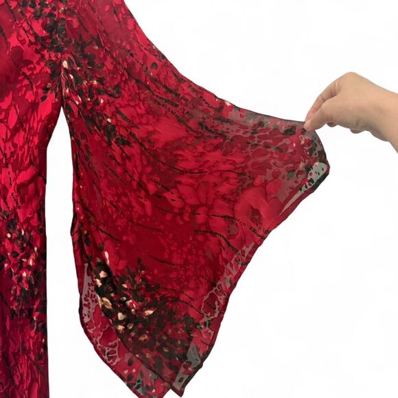 Simply Silk Red Floral Burnout Kimono Midi Dress Size S Sheer Y2K Fairy Grunge - Picture 4 of 8